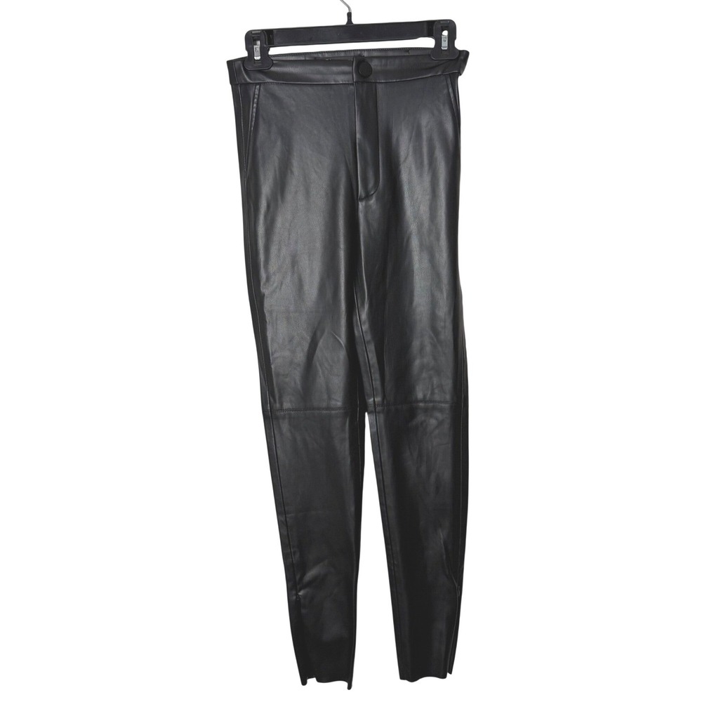 Black Faux Leather Skinny Leg Pants Size XS High Waist Ankle Zip Split Hem Moto